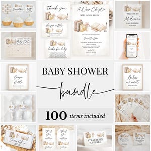 Editable New Chapter Will Soon Begin Baby Shower Bundle, Book Themed Baby Shower Invitation Pack, Neutral Books Shower Game Package, BBS700