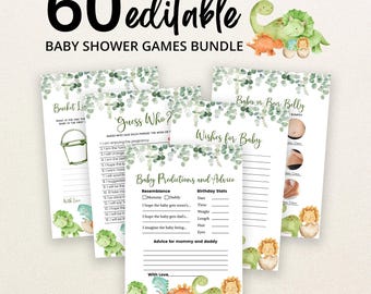 Puede incluir: Un paquete de 60 tarjetas de juegos para baby shower editables con ilustraciones de dinosaurios en acuarela y hojas de eucalipto verdes. Las tarjetas incluyen títulos como Guess Who, Wishes for Baby y Baby Predictions and Advice.