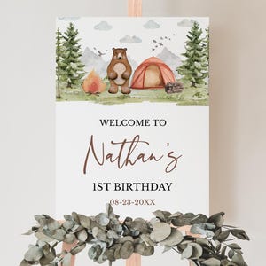 Editable One Happy Camper Woodland First Birthday Welcome Sign, Woodland Birthday Poster, Boy Camping Birthday Decor, BRT318