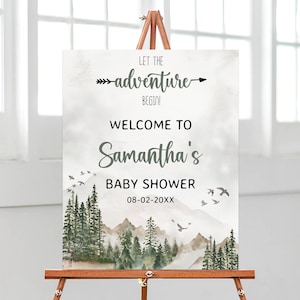 Modificabile Lascia che l'avventura abbia inizio Gender Neutral Baby Shower Segno di benvenuto, Poster Baby Shower Foresta, Decorazione Baby Shower Pino, BBS468