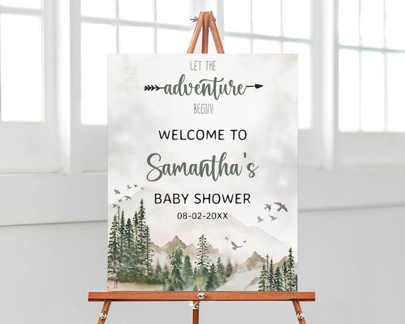 Editable Let the Adventure Begins Gender Neutral Baby Shower Welcome Sign, Forest Baby Shower Poster, Pine Tree Baby Shower Decor, BBS468