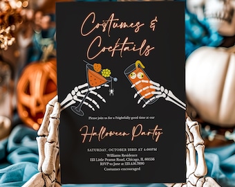 Invito alla festa di Halloween con costumi e cocktail modificabili, invito alla festa di Halloween con scherzi e alcolici, invito mobile con cocktail di Halloween, SNL676