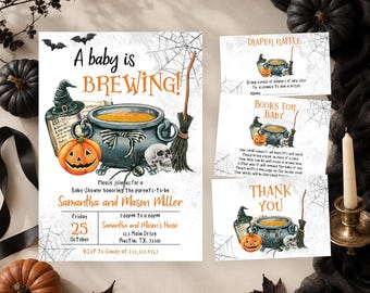 Paquete de invitaciones editables para baby shower de Halloween "Un bebé está en camino", invitación para baby shower de Halloween de género neutro, baby shower de brujas, BBS278