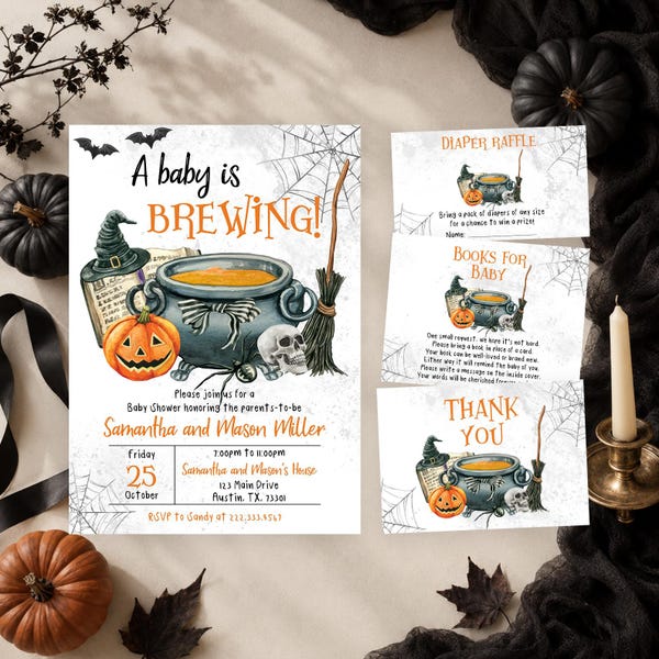 Paquete de invitaciones editables para baby shower de Halloween "Un bebé está en camino", invitación para baby shower de Halloween de género neutro, baby shower de brujas, BBS278