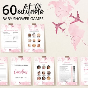 Lot de jeux de baby shower modulable aventure pour fille, pack de jeux de baby shower, carte du monde de voyage rose, jeux de baby shower de voyage rose, BBS830