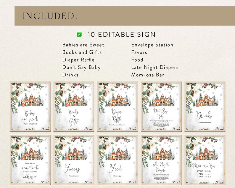 Editable Winter Woodland Baby Shower Table Sign, Floral Woodland Babies