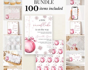 May include: A baby shower bundle featuring 100 items with a pink ornament and snowflake theme. The set includes invitations, cupcake toppers, signs, water bottle labels, thank you tags, and game cards with text like A little snowflake is on the way.