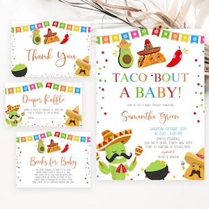 Könnte beinhalten: Eine Reihe von Babyparty-Einladungen im mexikanischen Fiesta-Stil. Die Einladungen zeigen Illustrationen von Avocados, Tacos und Chilischoten sowie den Text "Taco 'Bout a Baby!" und "Danke".