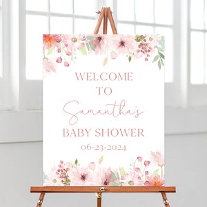 Bearbeitbares rosa Frühlingsblumen Baby in Bloom Babyparty Willkommensschild, Mädchen Blumen Babyparty Poster, Mai Blumen Dekor, BBS605