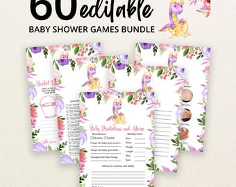 May include: A bundle of 60 editable baby shower game cards featuring watercolor floral borders in shades of purple, pink, and green. Each card displays a purple dinosaur hatching from an egg and includes text such as Baby Predictions and Advice.