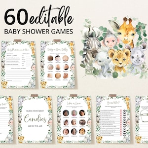 Editable Es un paquete de juegos de baby shower Safari para niños, paquete de juegos de baby shower Safari Jungle, juegos de baby shower Greenery Safari Animals, BBS730