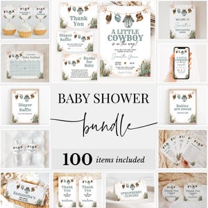 Editable A Little Cowboy Baby Shower Bundle, Wild West Shower Invitation Pack, Brown Blue Cowboy Shower Games, Rodeo Cactus Package BBS1066
