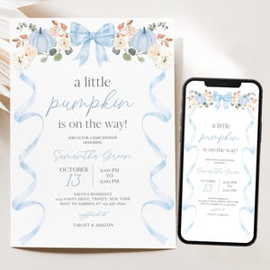 Editable Blue Bow Pumpkin Baby Shower Invitation, Fall Boy Baby Shower Invite, Little Pumpkin Floral Pink Ribbon Baby Shower Invite BBS1116