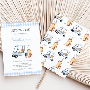 May include: A blue and white baby shower invitation with a golf cart and golf bag illustration. The invitation reads "Let's Par-Tee" and includes the name "Samantha Green".