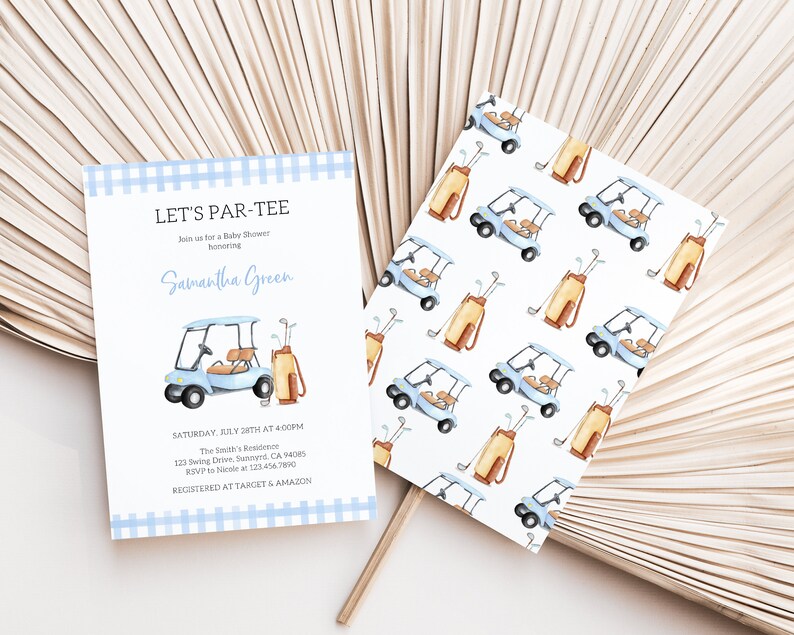 May include: A blue and white baby shower invitation with a golf cart and golf bag illustration. The invitation reads "Let's Par-Tee" and includes the name "Samantha Green".