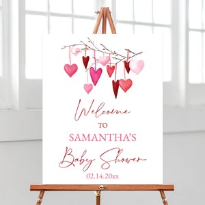 Editable Valentine Baby Shower Welcome Sign, A Little Sweetheart Baby Shower Welcome Poster, Pink Red Hearts Baby Shower Decoration, BBS360