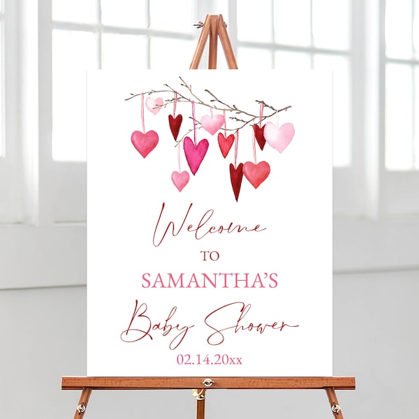 Editable Valentine Baby Shower Welcome Sign, A Little Sweetheart Baby Shower Welcome Poster, Pink Red Hearts Baby Shower Decoration, BBS360