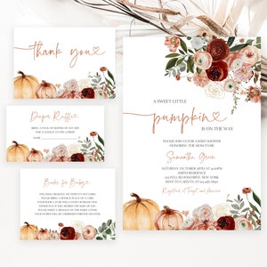 Editable Pumpkin Baby Shower Invitation Bundle, Marsala Fall Baby Shower Invitation, Burgundy Floral Pumpkin Baby Shower Invitation, BBS416