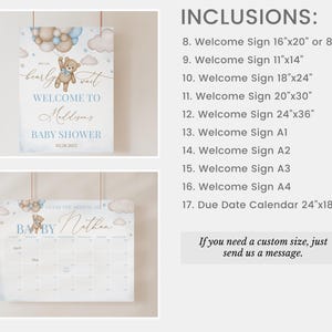 May include: A set of printable baby shower signs featuring a teddy bear with balloons in blue and brown tones. The signs include a welcome sign, a due date calendar, and various sizes of welcome signs. The text on the signs reads "bearly wait, welcome to [name]'s baby shower".