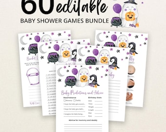 Editable Purple A Little Boo Baby Shower Game Bundle, Girl Halloween Baby Shower Game Pack, Ghost Halloween Baby Shower Games, BBS471