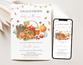 Editable Locally Grown Fall Baby Shower Invitation, Gender Neutral Pumpkin Baby Shower Invite, Farmer's Market Baby Shower, BBS895