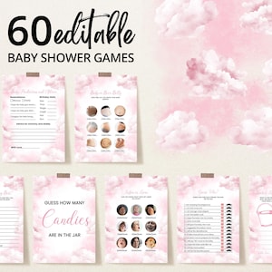 Editable On Cloud 9 Baby Shower Game Bundle, Pink Cloud Nine Baby Shower Game Pack, Girl We&#39;re on Cloud Nine Shower Games, BBS1042
