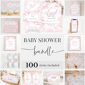 Editable On Cloud 9 Baby Shower Bundle, Pink Cloud Nine Baby Shower Invitation Pack, Girl We&#39;re on Cloud Nine Shower Game Package, BBS1042