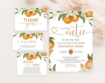 Editable Little Cutie Baby Shower Invitation Bundle, Orange Baby Shower Invite, Gender Neutral Orange Citrus Baby Shower Invite BBS675