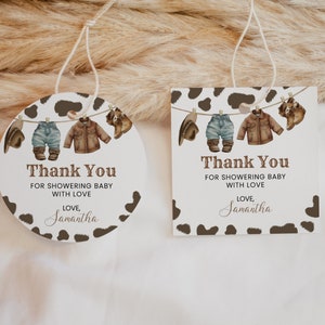 Bewerkbare A Little Cowboy babyshower gunsttag, wilde westen babyshower bedanktag, bruine cowboy feestartikelen, rodeo baby BBS719