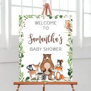 Cartello di benvenuto modificabile per baby shower nel bosco, poster di benvenuto per ragazzo nel bosco, baby shower, animali del bosco, baby shower nel bosco verde, BBS301