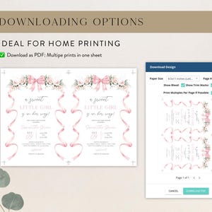 May include: Printable baby shower invitation featuring a pink floral and ribbon design. The invitation reads "A sweet little girl is on her way!" and includes details for the event. The image shows a preview of the invitation as it would appear when printed on a sheet of A4 paper.