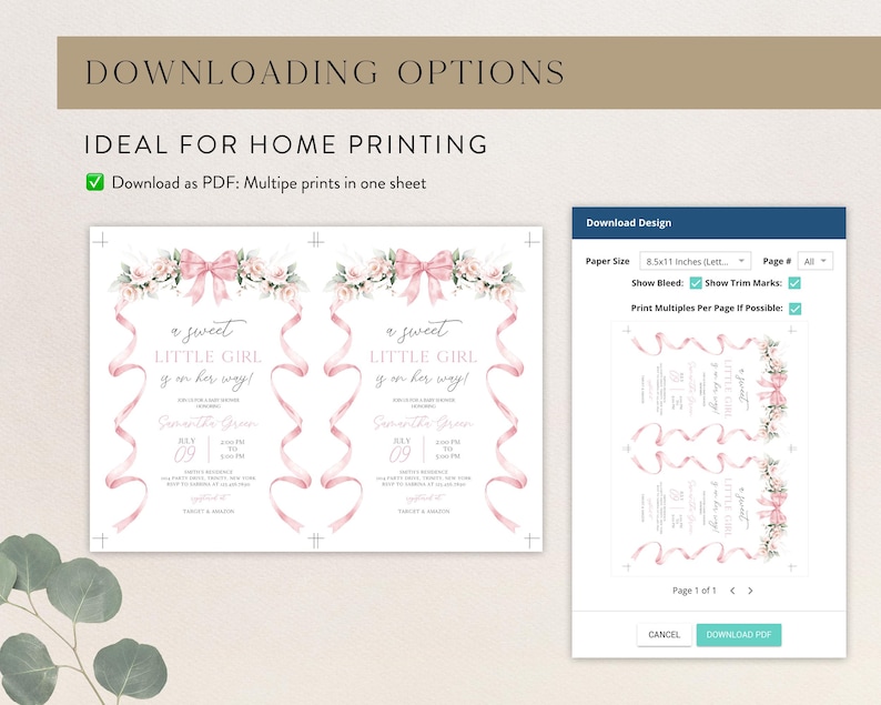May include: Printable baby shower invitation featuring a pink floral and ribbon design. The invitation reads "A sweet little girl is on her way!" and includes details for the event. The image shows a preview of the invitation as it would appear when printed on a sheet of A4 paper.