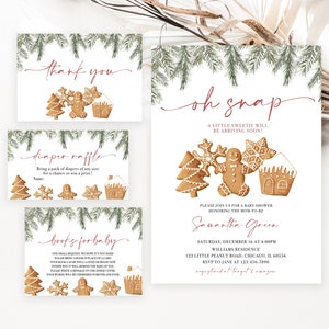 Può includere: Un set di inviti e biglietti per baby shower a tema invernale. Il design presenta rami di sempreverdi ad acquerello e illustrazioni di biscotti di pan di zenzero. L'invito recita "Oh Snap! A Little Sweetie Will Be Arriving Soon!"