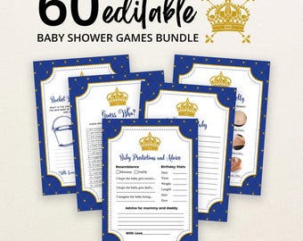 Editable Prince Baby Shower Game Bundle, Royal Prince Baby Shower Game Pack, Little Prince Baby Shower Games, Blue and Gold BBS115