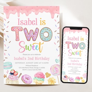 Invito modificabile per il secondo compleanno di due dolci, invito di compleanno a tema Candyland, modello di invito a tema gelato con ciambelle, BRT317