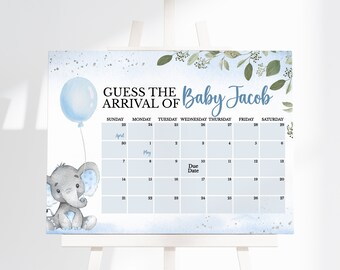 Op de afbeelding: Een blauw en grijs babyshower-spel met een kalender waarop gasten de aankomstdatum van Baby Jacob kunnen raden. De kalender heeft een blauwe ballon, een grijze olifant en de tekst "Raad de aankomst van Baby Jacob".