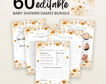 May include: A bundle of 60 editable baby shower game cards featuring a floral and bee theme with honeycomb patterns. The cards include titles like Baby Predictions and Advice, Guess Who, and Baby or Beer Belly, with black text on white paper.