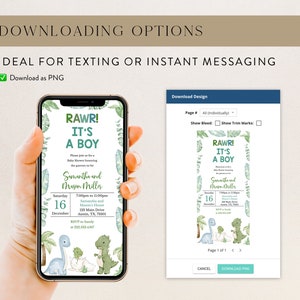 K&ouml;nnte beinhalten: Ein Smartphone zeigt eine Babyparty-Einladung mit Dinosaurier-Motiv. Die Einladung lautet "RAWR! IT'S A BOY" mit Veranstaltungsdetails. Das Design umfasst gr&uuml;nes Laub und Zeichentrick-Dinosaurier. Der Text "Download as PNG" ist ebenfalls sichtbar.