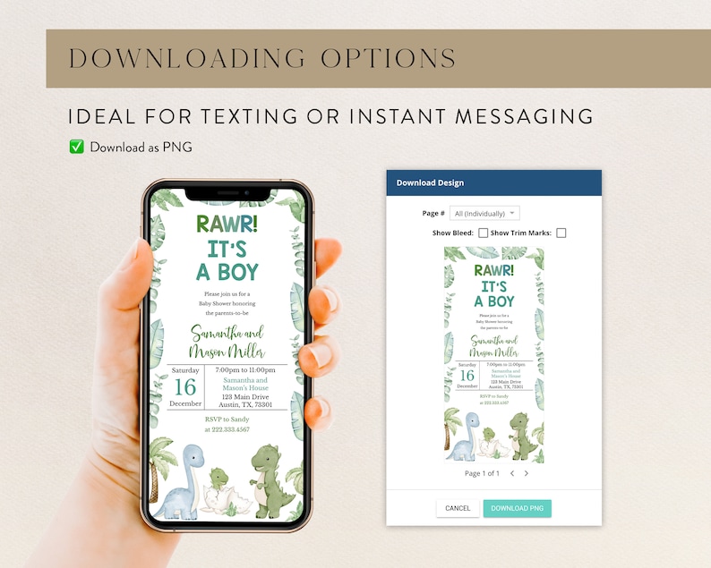 K&ouml;nnte beinhalten: Ein Smartphone zeigt eine Babyparty-Einladung mit Dinosaurier-Motiv. Die Einladung lautet "RAWR! IT'S A BOY" mit Veranstaltungsdetails. Das Design umfasst gr&uuml;nes Laub und Zeichentrick-Dinosaurier. Der Text "Download as PNG" ist ebenfalls sichtbar.