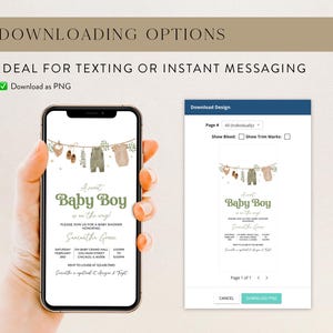 May include: A smartphone displays a baby shower invitation with the text "A Sweet Baby Boy is on the way!" The invitation features illustrations of baby clothes and shoes hanging on a clothesline. The image also shows download options.