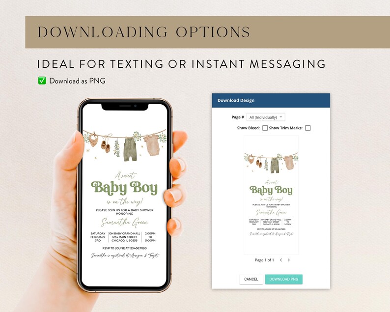 May include: A smartphone displays a baby shower invitation with the text "A Sweet Baby Boy is on the way!" The invitation features illustrations of baby clothes and shoes hanging on a clothesline. The image also shows download options.