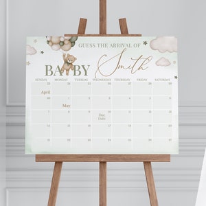 Calendario modificabile per baby shower con orsetto neutro, "Indovina l'arrivo del bambino", "Non vediamo l'ora" e data di scadenza, orsetto boho verde, BBS390