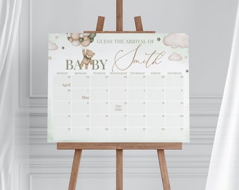 May include: A baby shower game with a calendar to guess the arrival date of a baby. The calendar is decorated with a cute teddy bear holding balloons and clouds. The text on the calendar says "Guess the arrival of Baby Smith".