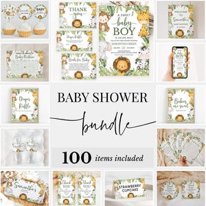 Editable It&#39;s a Boy Safari Baby Shower Bundle, Safari Jungle Baby Shower Invitation Pack, Greenery Safari Animals Game Package, BBS731