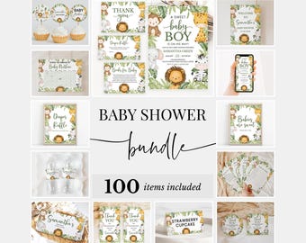 Pacote de chá de bebê Safari editável It's a Boy, pacote de convites para chá de bebê Safari Jungle, pacote de jogo de animais Safari Greenery, BBS731