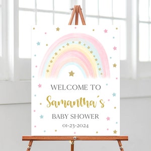 Bearbeitbares Regenbogen-Babyparty-Willkommensschild, Pastellregenbogen-Babypartyplakat, rosa Pastellgoldregenbogen-Babypartydekor, BBS623