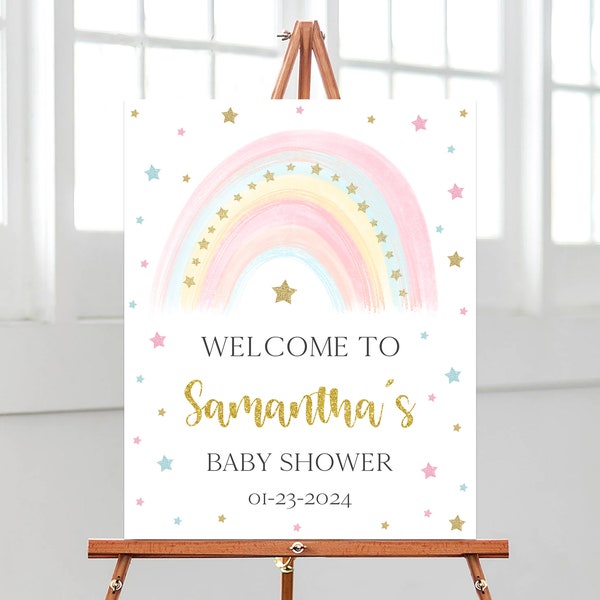 Editable Rainbow Baby Shower Welcome Sign, Pastel Rainbow Baby Shower Poster, Pink Pastel Gold Rainbow Baby Shower Decor, BBS623