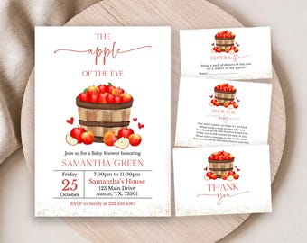 Paquete de invitaciones editables para baby shower "La niña de los ojos", invitación para baby shower "Cosecha de manzanas", invitación para baby shower de otoño, BBS857