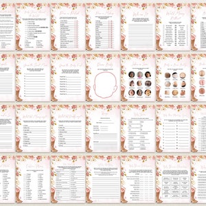 Op de afbeelding: Een verzameling van vierentwintig printbare babyshower-spelkaarten met een bloemenrand van roze rozen en groen. Elke rechthoekige kaart bevat zwarte tekst met verschillende activiteitstitels, instructies, lijsten en lege regels om op te schrijven.