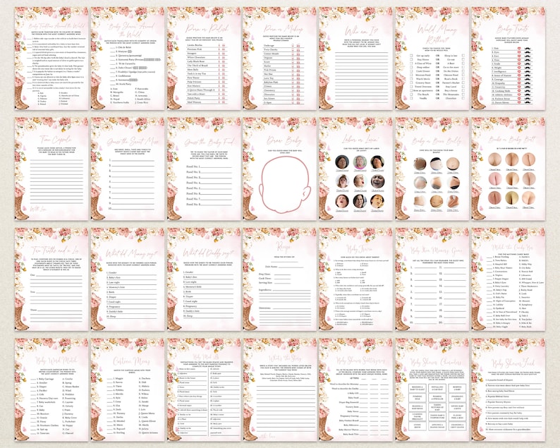 Op de afbeelding: Een verzameling van vierentwintig printbare babyshower-spelkaarten met een bloemenrand van roze rozen en groen. Elke rechthoekige kaart bevat zwarte tekst met verschillende activiteitstitels, instructies, lijsten en lege regels om op te schrijven.